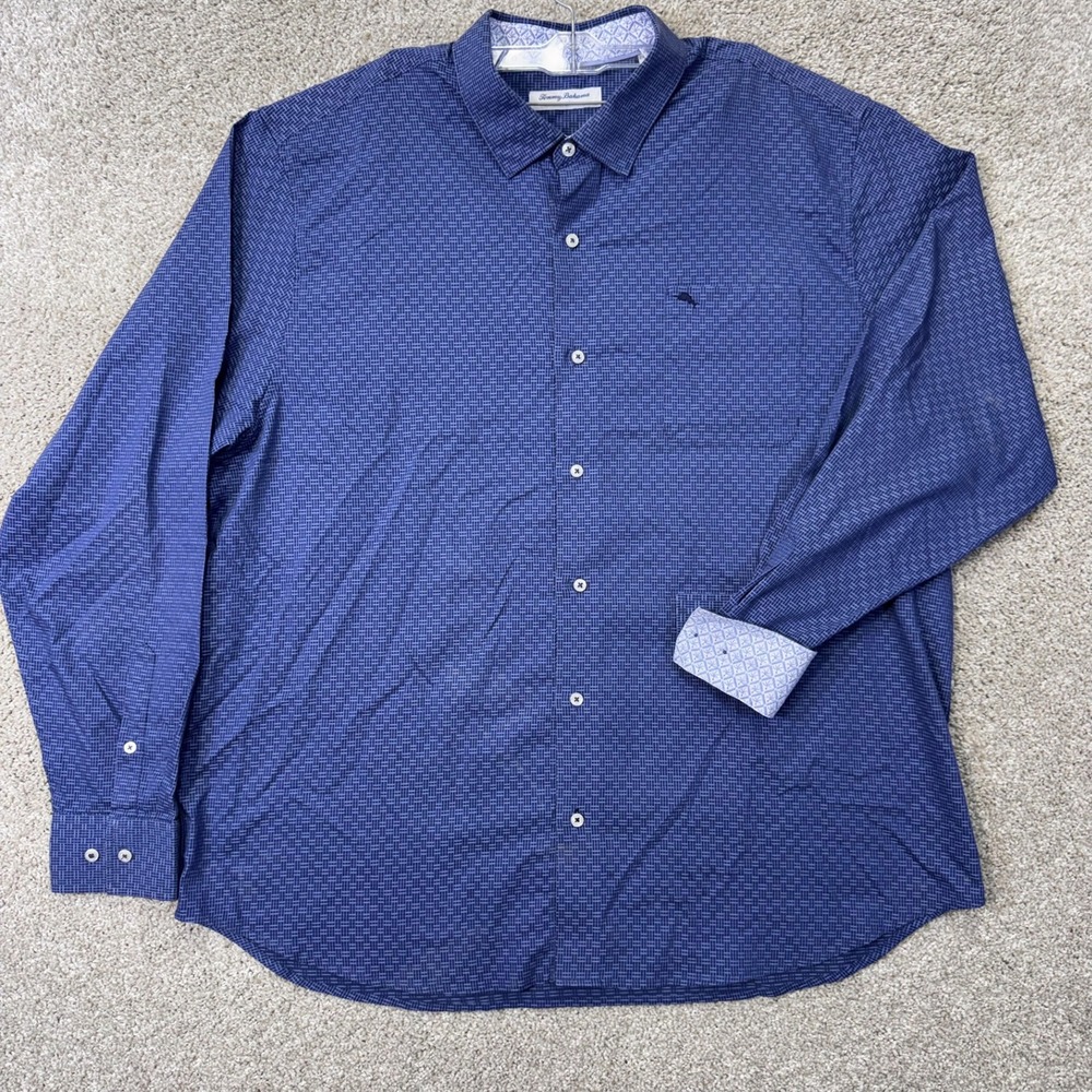 Tommy Bahama Shirt Mens 2XLT Sarasota Stretch Blue Geometric Button Down EUC